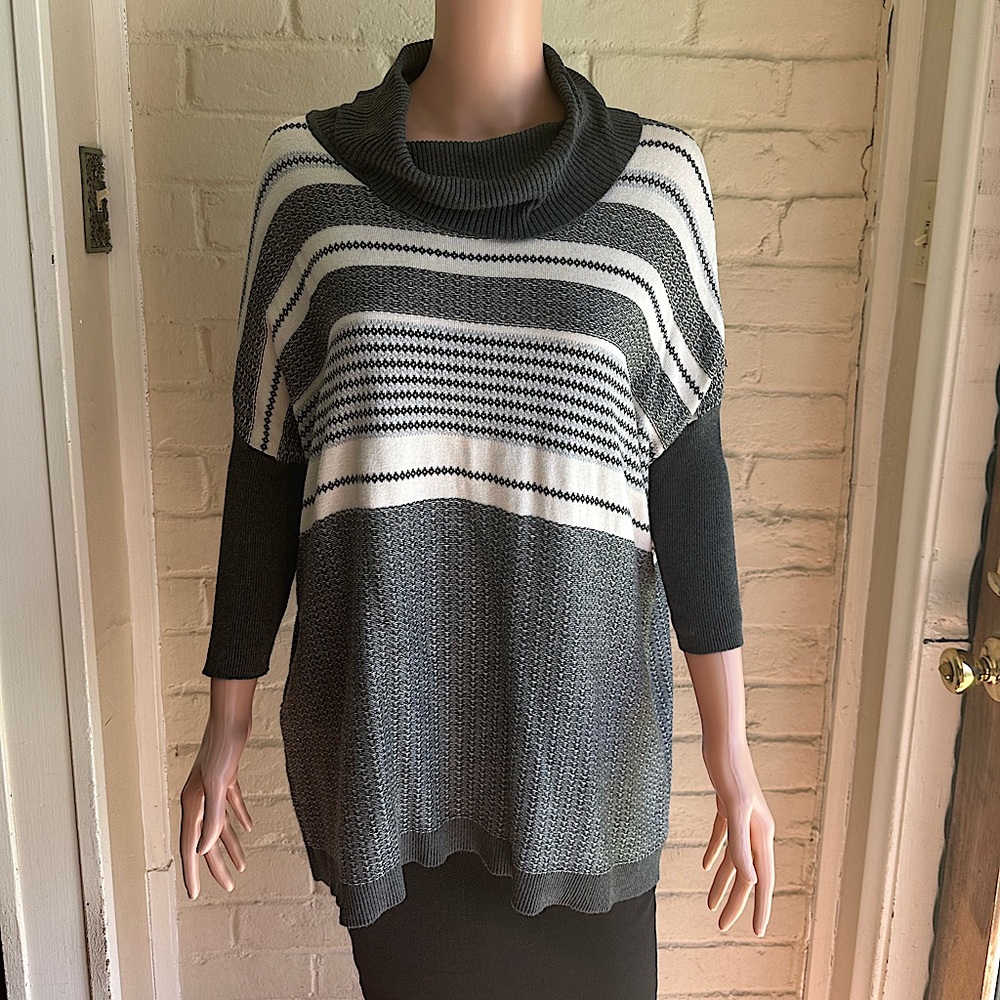 Belldini Gray and White Striped Cowl Neck Sweater